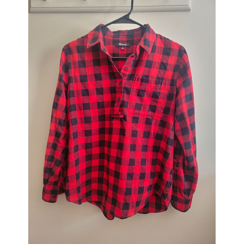Madewell Women's M Buffalo Poppver Red Black Plaid Flannel Collared Cotton L/S